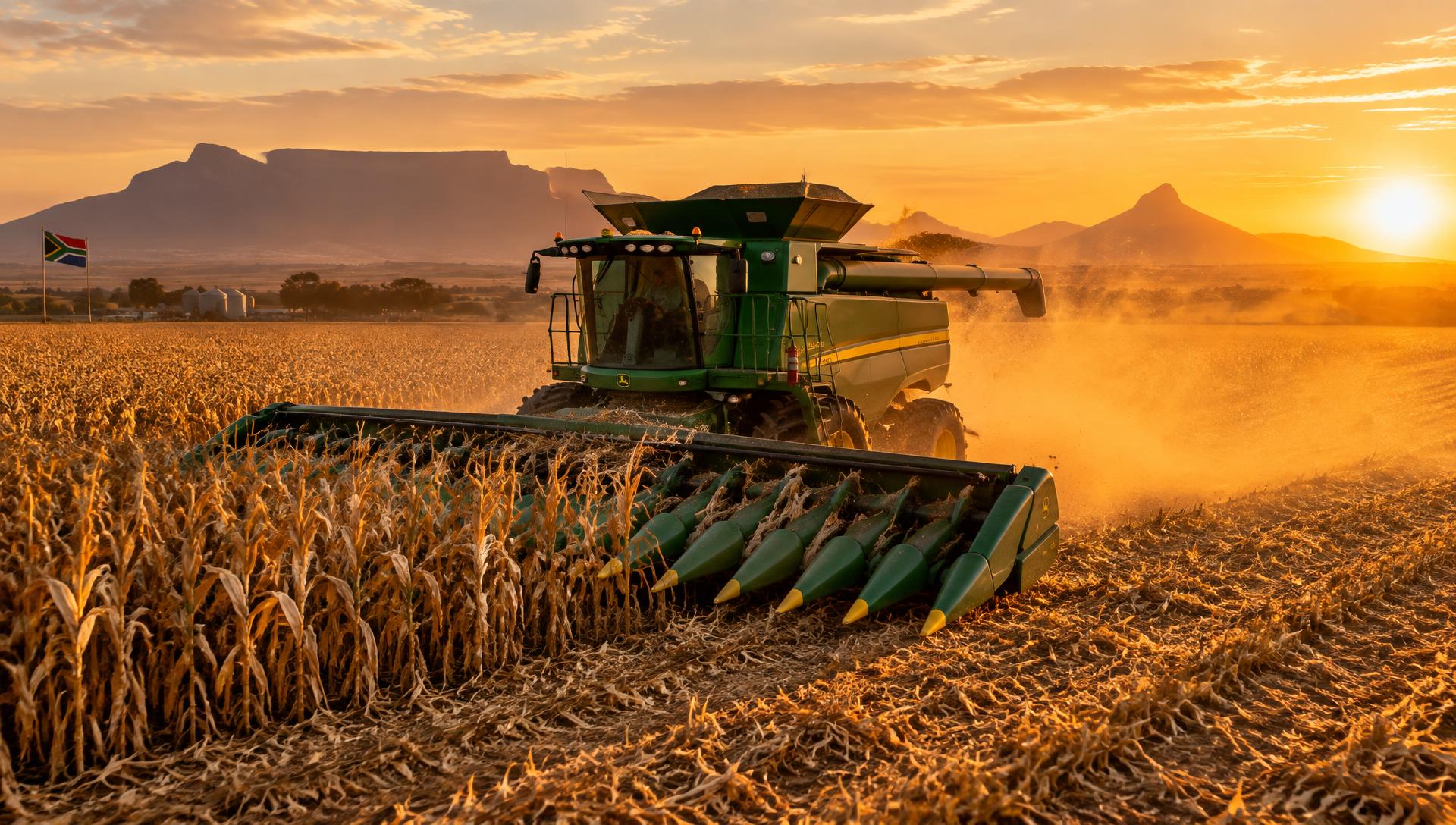 Combine harvester with a corn header harvesting maize at sunset